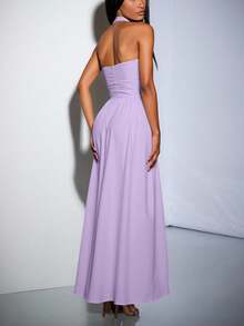 Jumpsuit de mujer, elegante sexy tejido liso holgado cuello alto sin mangas primavera verano fiesta largo - Lila Púrpura - Ver 3