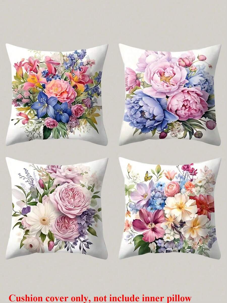 4 件水彩花卉印花装饰枕套，17.7 英寸 * 17.7 英寸，适用于露台、花园、门廊、户外家具、秋千座椅、深沙发，无枕芯 - 彩色 - 查看 1