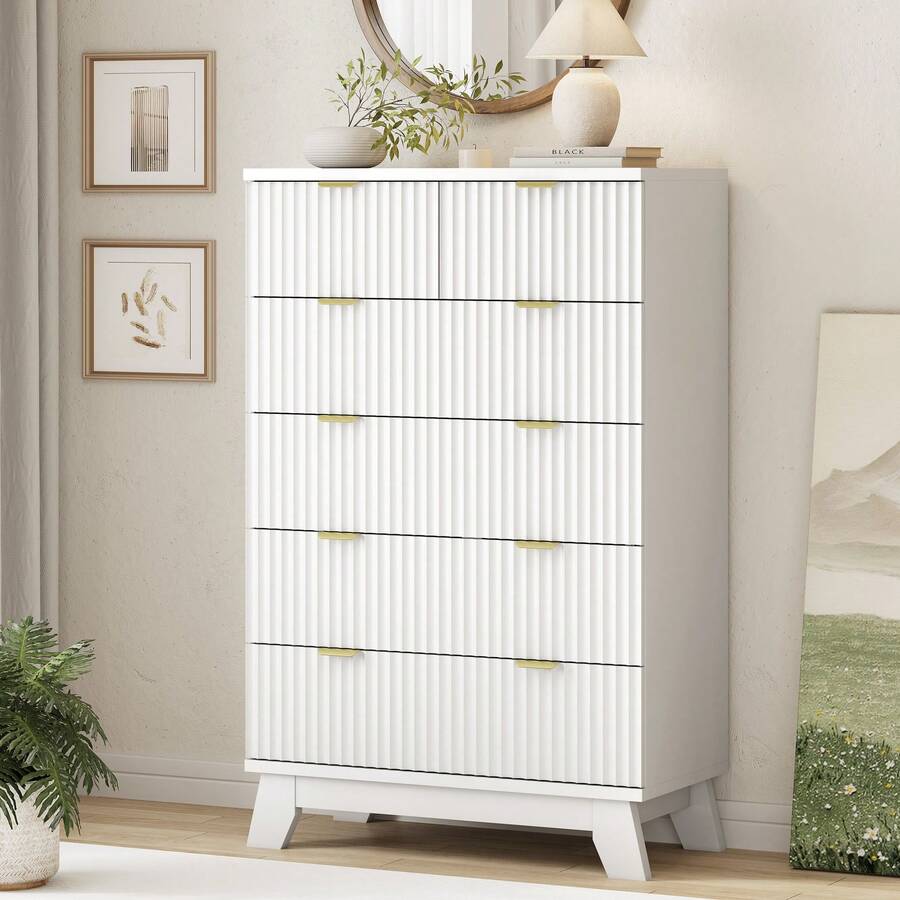 Fluted 6 Drawers Dresser For Bedroom, 46" Tall Modern Chest Of Drawers With Metal Handle, Curved Profile Design,Natural Wood Drawer Organizer For Bedroom, Living Room, Hallway, Entryway - 白色 - 查看 1