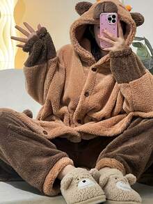 1件水豚毛绒毯，可爱水豚毛绒毯，水豚连帽珊瑚绒卡通可爱连帽睡袍，秋冬卡通甜美可爱女士冬季连帽毯 - 厚绒动物图案长毯，超柔软保暖睡眠毯 - 彩色 - 查看 4