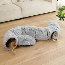 1pc Plush Cat Tunnel With Cat Bed, Foldable Multi-Functional Pet Cat Activity Center Toy - Grey - View 9