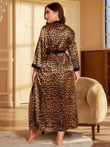 1pc Plus Size Women Tie-Front Lightweight Satin Robe, Elegant Leopard Print Loose Sleepwear, Suitable For Home Use, Fall, Winter - Brown - View 5