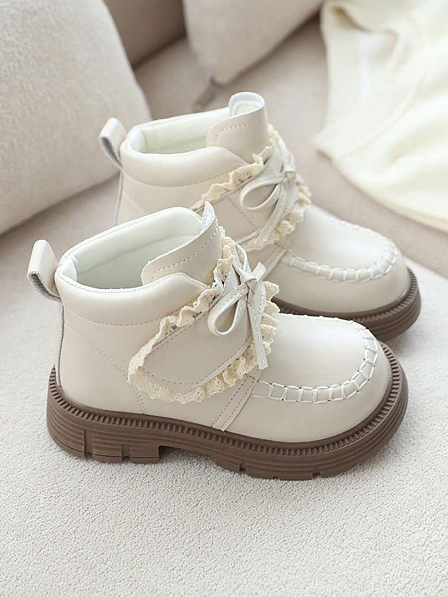1 Pair New Girls' Boots, Princess British Style Bow Cute Casual Boots, Soft Sole, Fashionable And Comfortable - Beige - View 1