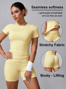 Women's Simple Solid Color Short Sleeve Shorts Sports Suit