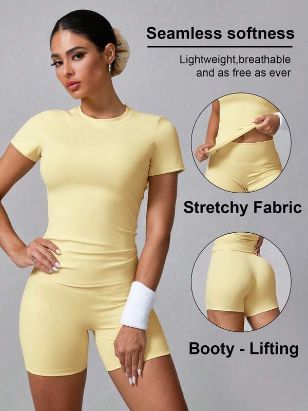 Damen einfarbiger Kurzarm Shorts Sportanzug