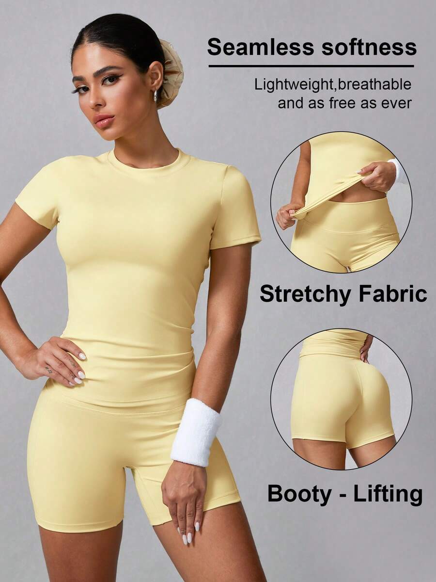 Women's Simple Solid Color Short Sleeve Shorts Sports Suit