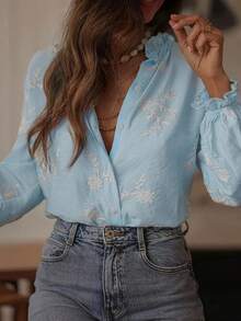 Blusa de mujer con volantes bordados, estilo vintage, con estampado floral, de hojas y bordado botánico, decoración casual para primavera - Azul menta - Ver 3