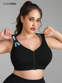 Bra Olahraga Ukuran Besar dengan Resleting Depan, Hitam, Desain Belakang Silang, Bantalan yang Dapat Dilepas, Elastisitas Tinggi, Bernapas, Menyerap Keringat, Cocok untuk Latihan di Gym dan Pakaian Kasual, Bra Yoga Bergaris Tanpa Jahitan untuk Wanita Ukuran Besar - Hitam - View 7