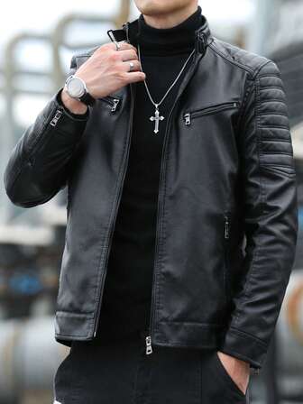 Men's Front Zipper Long Sleeve Minimalist Leather Jacket, Fashion