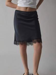 Women's Low-Waist Solid Color Lace Paneled A-Line Knee-Length Skirt, For Party Street Wear - 黑色 - 查看 1