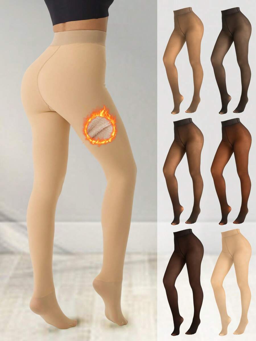 1 Pair Fleece Lined Warm Tights Thick Plush Thermal Women Leggings One Line Cortch Outdoor Wear Pantyhose For Winter 6 Colors &6 Sizes - 米色 - 查看 1