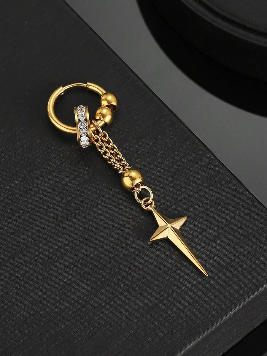 1pc Stainless Steel Cross Star Pendant With Tassel Chain, Stainless Steel Bead Earring For Men, Fashionable & Personalized - Gold - View 1