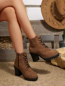 Botas de Tornozelo de Salto Alto Marrom Femininas, Botas de Plataforma Impermeáveis de Bico Redondo na Moda com Salto Grosso, Botas Curtas Versáteis de Inverno/Outono Novas com Zíper Lateral Marrom e Botas de Tornozelo, Botas Curtas de Salto Alto de Cor Sólida, Botas de Vestido de Salto Alto, Botas Curtas Femininas com Cadarço na Frente