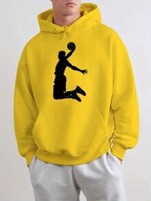 Sudadera con capucha de forro polar con estampado de baloncesto para hombres - Sudadera casual de otoño e invierno, de manga larga, con bolsillo canguro - Negro - Ver 3