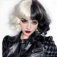 1顶女士时尚黑白阴阳卷发假发，中长款，适合各种角色扮演服装 - 彩色 - 查看 4