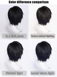 12 英寸黑色多色动漫假发带刘海 - 耐热，短直发款式，适合万圣节角色扮演和日常佩戴 - 彩色 - 查看 9