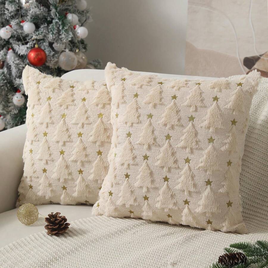 1 pieza Funda de almohada de peluche suave de piel sintética con diseño de árbol de Navidad, adecuada para sala de estar, dormitorio y sofá. No incluye relleno de almohada. - Beis - Ver 1