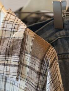 1 件格子编织面料前扣口袋长袖翻领格纹衬衫，优雅休闲百搭，适合日常、学校、所有季节 - 卡其色 - 查看 6