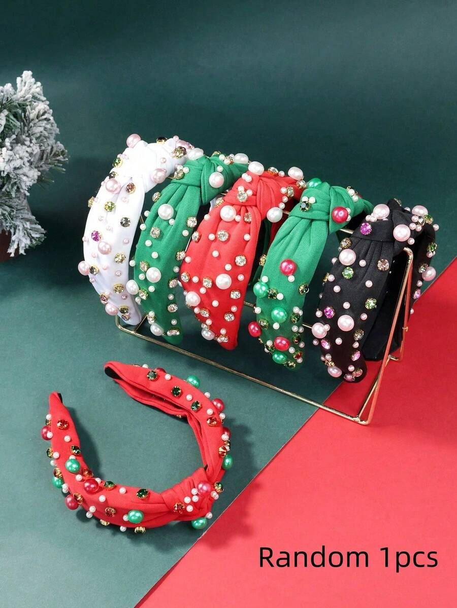 1pc Random Women's Elegant & Fashionable Christmas Vibe Hair Accessory/HeadbanGreen Color Twisted Fabric Headband With Colorful Pearl & Rhinestone Decor, Widened Crown, Suitable For Christmas Party, Hair Band, Hair Hoop