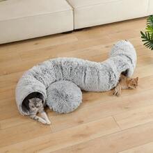 1pc Plush Cat Tunnel With Cat Bed, Foldable Multi-Functional Pet Cat Activity Center Toy - Grey - View 6