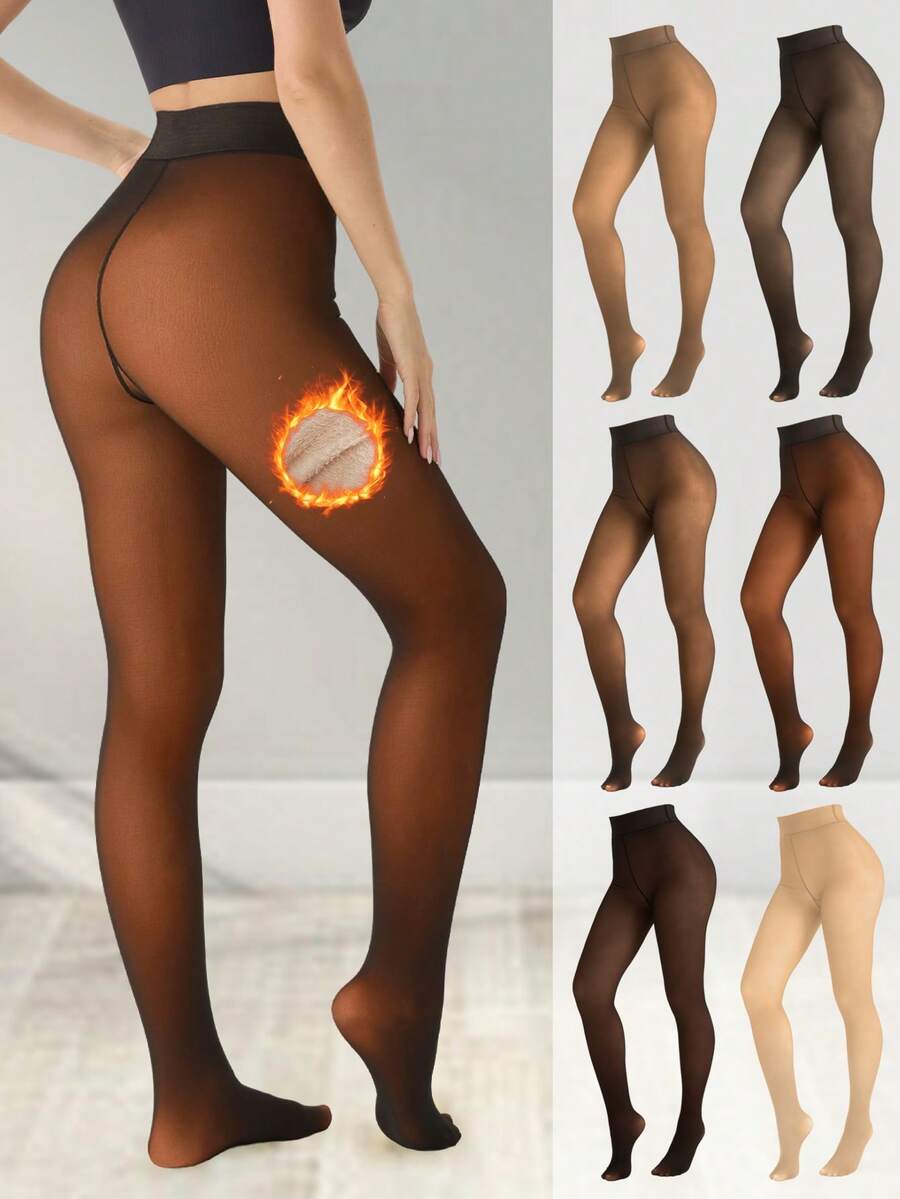 1 Pair Fleece Lined Warm Tights Thick Plush Thermal Women Leggings One Line Cortch Outdoor Wear Pantyhose For Winter 6 Colors &6 Sizes - 焦糖 - 查看 1