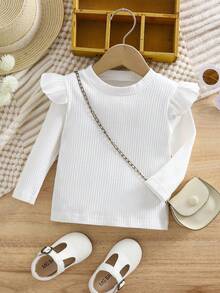 Young Girl Ribbed Long Sleeve Turtleneck Tee, Round Neck All-Match Layering Top, 2025 Autumn New Collection - White - View 1