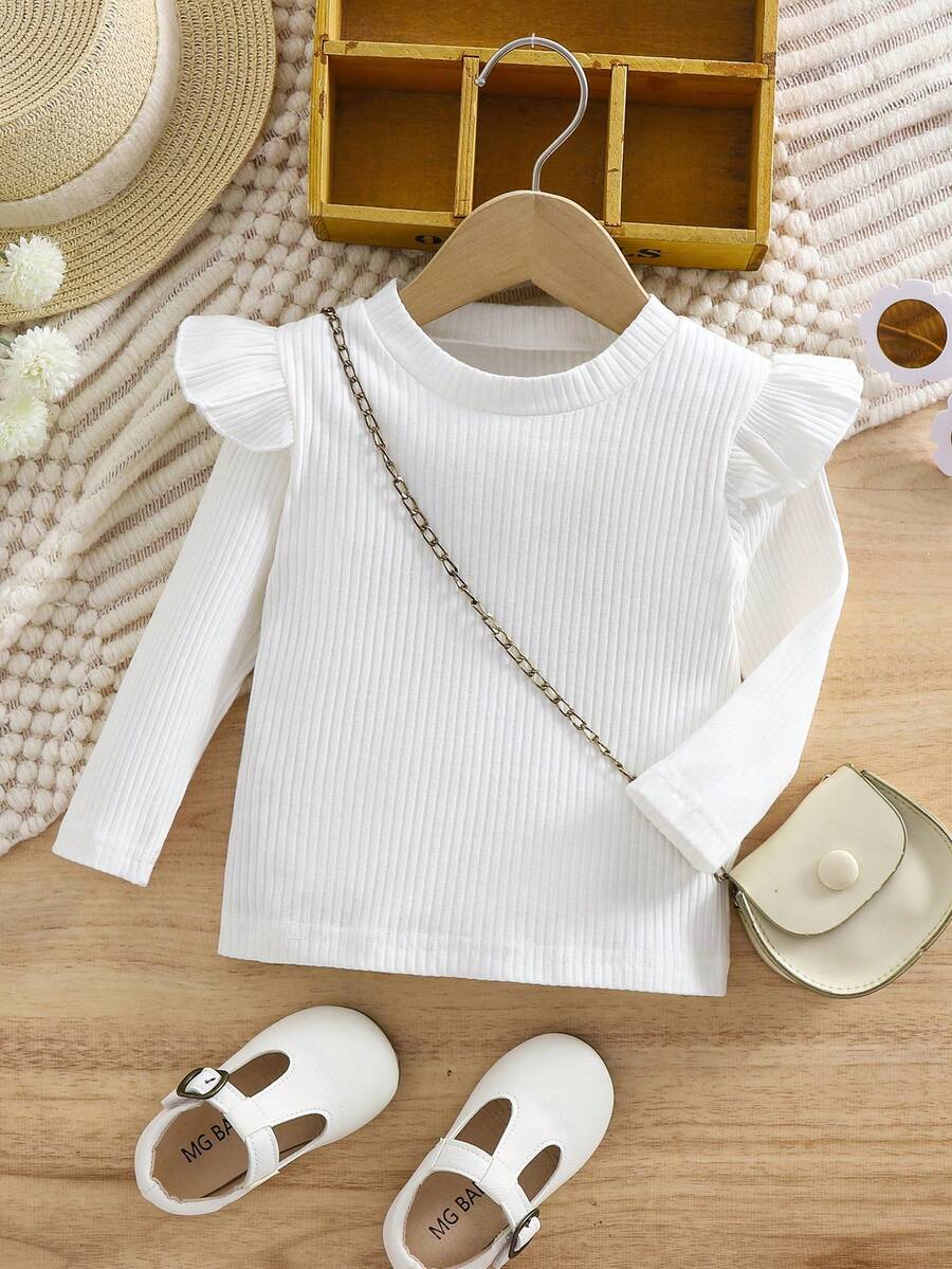 Young Girl Ribbed Long Sleeve Turtleneck Tee, Round Neck All-Match Layering Top, 2025 Autumn New Collection - White - View 1