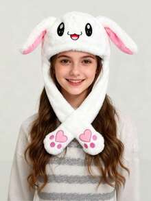 1pc Adorable Plush Bunny Hat With Movable Ears - Embroidered Polyester, Non-Stretch Christmas Party Accessory & Fun Earmuffs For Role-Playing And Holiday Celebrations, Ideal Gift, Available In Pink/Blue/White, Holiday Party Accessory|Playful Rabbit Design|Soft Texture, Rabbit Accessories