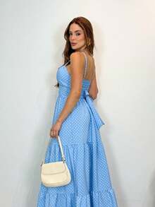 Vestido Longo Elegante Confortável em Crepinho Estampa Bolinha com Bojo Forrado Alças Finas Amarração Costas com Elastex TAMANHO: ÚNICO VESTE ATÉ 40