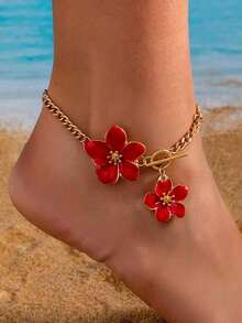1pc Fashionable White Floral Spray Painting Elegant Simple Anklet For Women, Suitable For Party & Holiday - 紅色油滴 - 查看 2