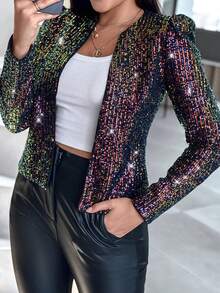 ChicMe 女式闪亮亮片前开襟西装外套，带垫肩，泡泡袖，长袖，纯色，时尚别致，适合派对鸡尾酒会 - 彩色 - 查看 6