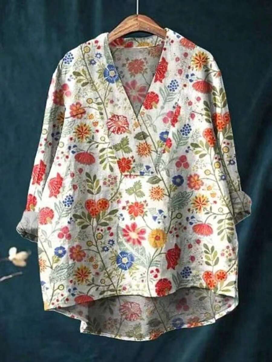 花卉印花 V 领休闲透气亚麻面料女式加大码长袖衬衫，适合春、夏、秋季 - 白色 - 查看 1