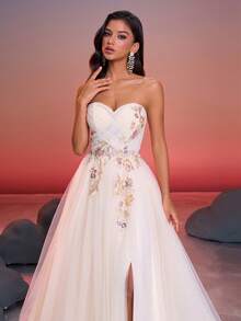 Anymoon 女士褶皱高腰长款晚礼服，饰有 3D 立体花卉亮片蕾丝细节，适合正式场合和婚礼。 - 香檳色 - 查看 11