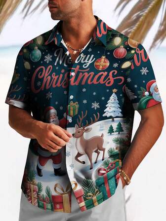 Herrskjortor i plusstorlek, jultomten, julgran, ren, snöflingetryck, pikékrage, ficka, kortärmade, vardagsskjortor, högtidsmode, semester, utomhus