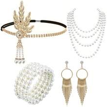 1920 Makeup Ball Accessories Party Feather Alloy Headband Pearl Necklace Set - Multicolor - View 9