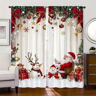 2pcs- Santa Claus, Christmas Butterfly Festival, Christmas Snowman, Christmas Pine Branch, Christmas Golden Ball, Christmas Gift Design Printed Curtains - Pole Bag Curtains, Bedroom Decoration, Living Room Decoration, Kitchen Decoration, Home Decoration, Window Decoration, Christmas Decoration, Ation Christmas Decorations Christmas Decorations Home