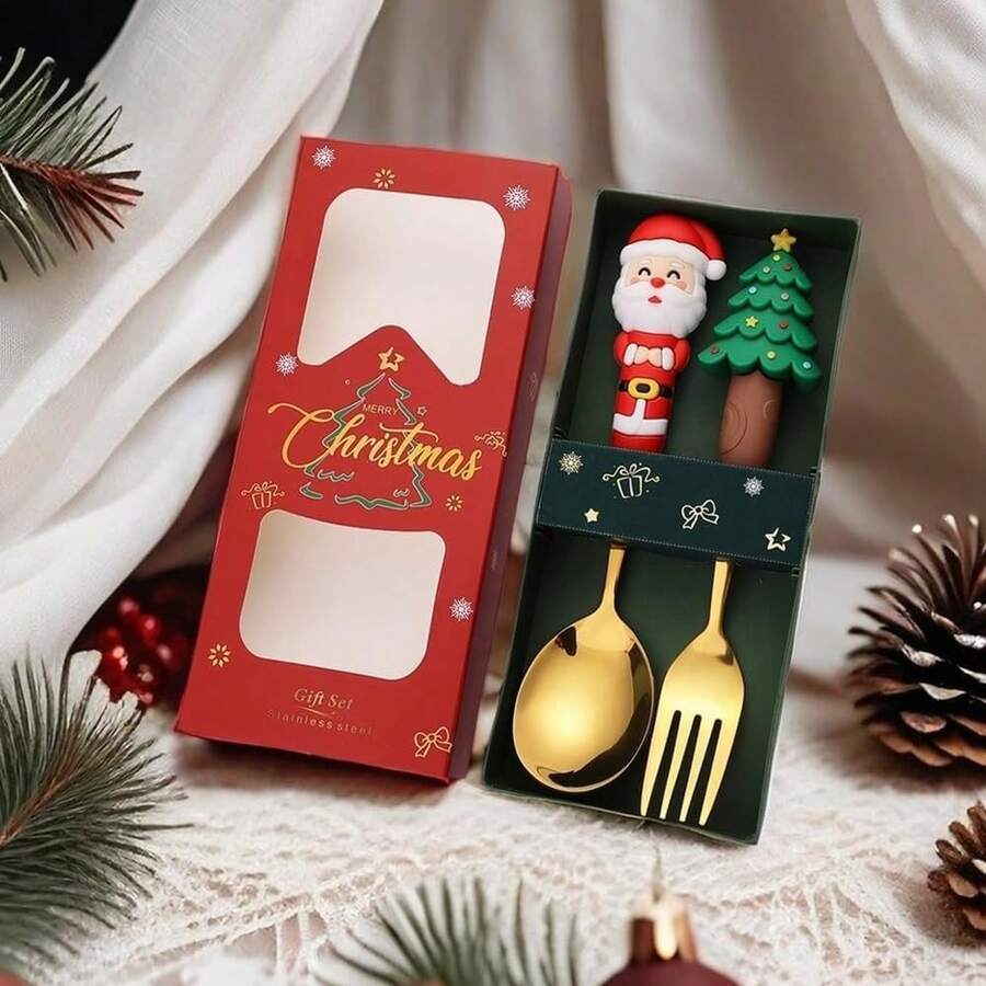 Christmas Spoon And Fork Set, Dessert Fork, Dessert Spoon, Coffee Spoon, Stainless Steel Gold Set With Santa Claus & Christmas Tree Toppers, Christmas Decor, Christmas Dinnerware Set, Practical Christmas Gift
