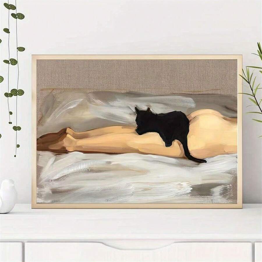 Tablou artistic pe pânză elegant cu pisică neagră și femeie - Decor de perete modern fără ramă pentru sufragerie, dormitor, birou de acasă - Pictură cu cerneală cu tematică animală - Multicolor - Vizualizare 1