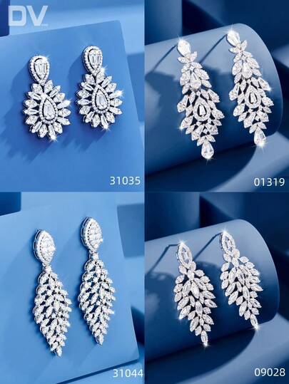 DV JEWELRY 1 对方晶锆石镀白金奢华吊坠耳环，女性的迷人珠宝礼物，适合约会、婚礼、宴会、周年纪念，附赠礼盒