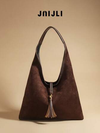 JNIJLI 1 件独立 INS 风格仿麂皮复古手提包，带流苏装饰，单肩包，秋冬新款，适合女孩/女士、工作、商务、通勤、学校、圣诞节、万圣节