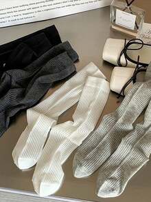 4 Pairs Women's Mid-Calf Socks, Student Style Socks In Black, White, Gray, Thin & Sweet Style Transparent Stacked Socks Suitable For Girls, Summer Breathable Striped Solid Color Cute Socks, Korean Style