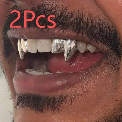 2Pcs Hip Hop Cosplay Teeth Personality Cool Plaid Cool Gift Vampire Fang Set Electroplated Teeth Set Accessories Suitable For Men And Women