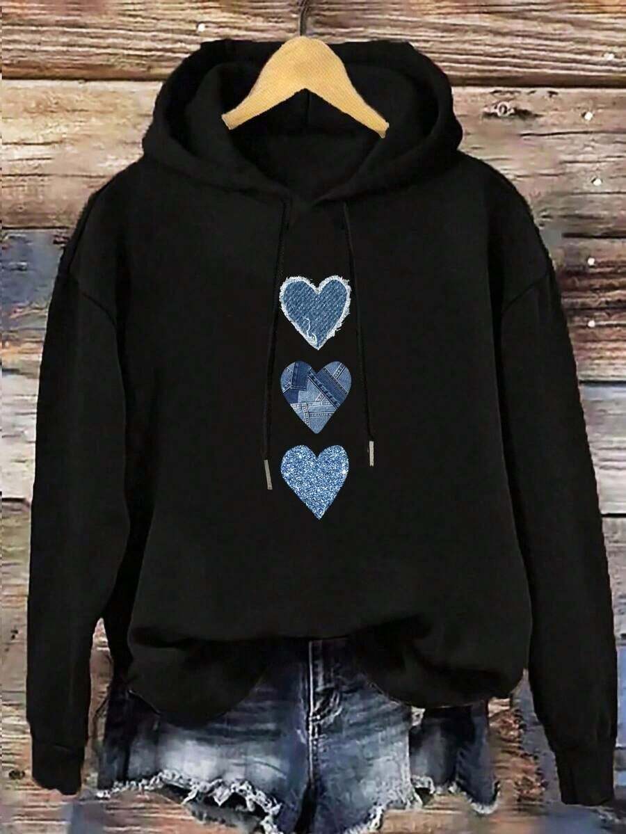 Casual Minimalist Printed Drawstring Hooded Loose Fit Thick Sweatshirt, Leopard Print Pattern, For Women, Autumn/Winter - Black 2 - 查看 1