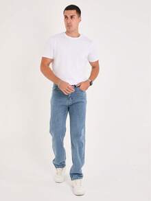 Men's Solid Color Pocket Casual Straight-Leg Jeans - Blue - View 3