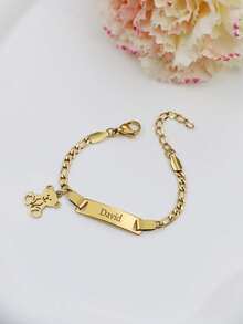 1pc Personalized Engraved Name/Date Stainless Steel Adjustable Charm Bracelet - Multicolor - View 2