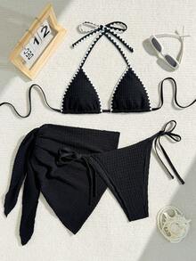 女式夏季海滩花卉装饰修身露背吊带比基尼泳装 - 黑色 - 查看 1