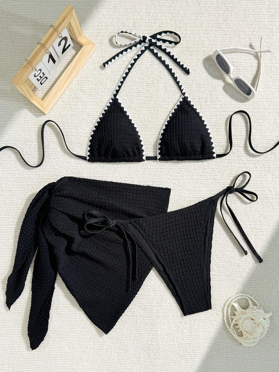 女式夏季海滩花卉装饰修身露背吊带比基尼泳装 - 黑色 - 查看 1