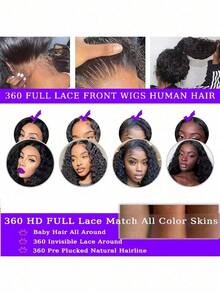 ZHENDEFA Invisi Strap 360 蕾丝前假发，真人发丝，预先拔毛，180 密度，杰瑞卷高清蕾丝前假发，带抽绳，全蕾丝卷发假发，女士款