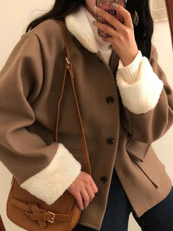 Women's Elegant Casual Wool Blend Jacket With Faux Fur Collar, Button Front Pockets, Long Sleeve Short Coat, Versatile Autumn/Winter Jacket
