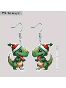 Lámina plana 2D de plata 925, 1 par de pendientes de dinosaurio navideño para mujer - Accesorios de sombrero de dinosaurio navideño verde lindo, pendientes colgantes de diseño otoñal - Ganchos de acero inoxidable, perfectos para el Día de Acción de Gracias, uso diario, festivales de música, vacaciones, amigos, fiestas y vida diaria - Un regalo único para amigos y familiares o regalos del Día de la Madre